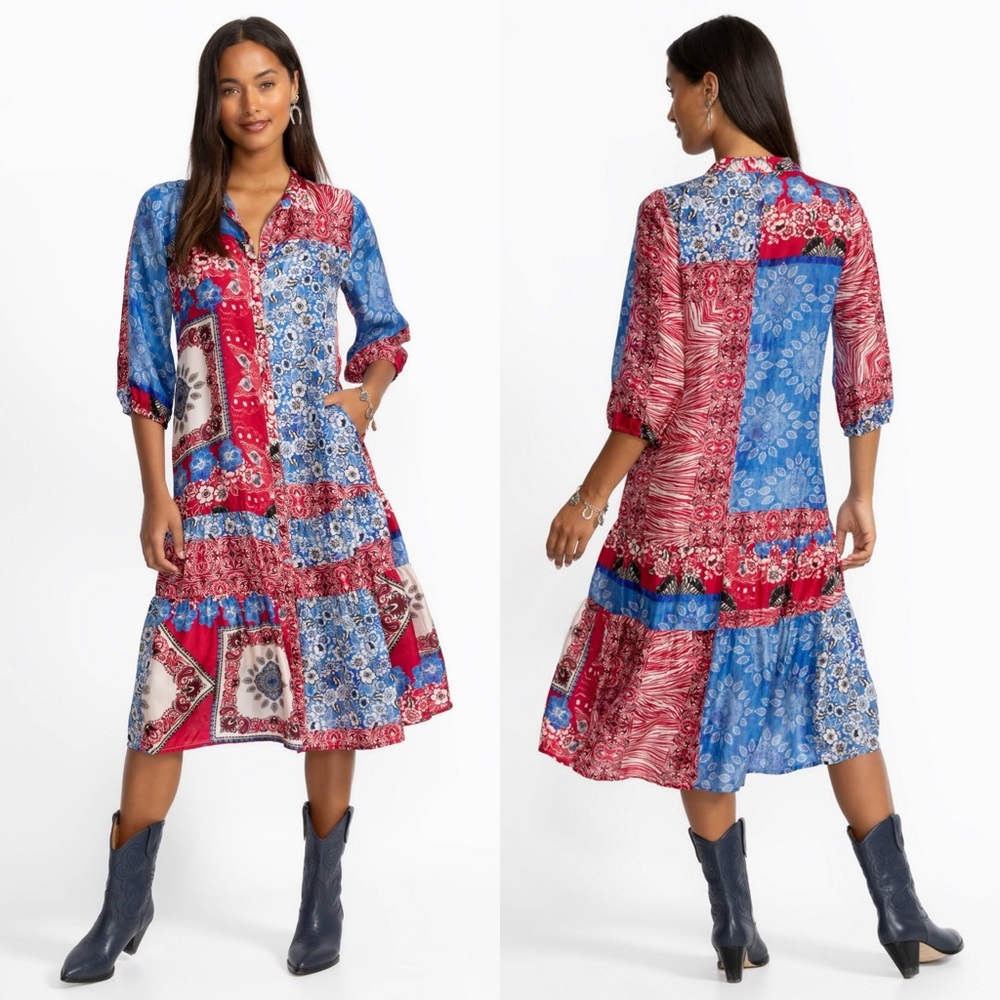 Johnny Was Cornelia Dress Floral Patchwork 100% Silk Full Button Front XS NWT